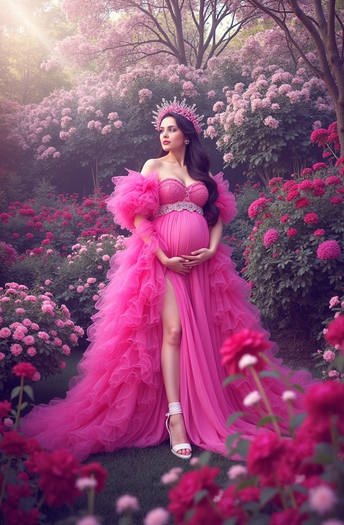 pregnant woman in pink dress standing in front of flowers, a colorized photo by Elena Guro, pexels, baroque, dressed in a pink dress, wearing pink floral gown, in pink forest, maternal photography 4 k, brilliant pink ball gown, wearing organza gown, queen of flowers, covered with flowers, fantasy photoshoot, * colour splash *