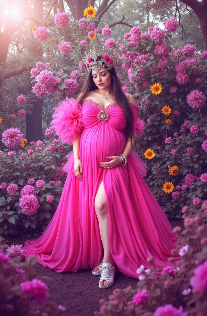 pregnant woman in pink dress standing in front of flowers, a colorized photo by Elena Guro, pexels, baroque, dressed in a pink dress, wearing pink floral gown, in pink forest, maternal photography 4 k, brilliant pink ball gown, wearing organza gown, queen of flowers, covered with flowers, fantasy photoshoot, * colour splash *