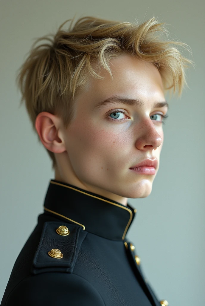 A young blond, Blue-eyed, Pale skin, with the appearance of 2 and being a military man