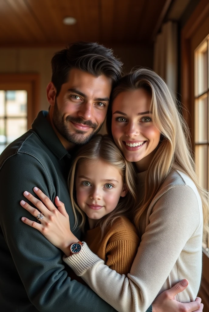 (Photorealism:1.1) a couple man dark brown hair and brown eyes together with a woman blonde green eyes long hair e uma criança loira de 8 anos em um chalé em Lugano e um IWC portuguese e usando aliança de casamento 8k ultra realistic super detailed