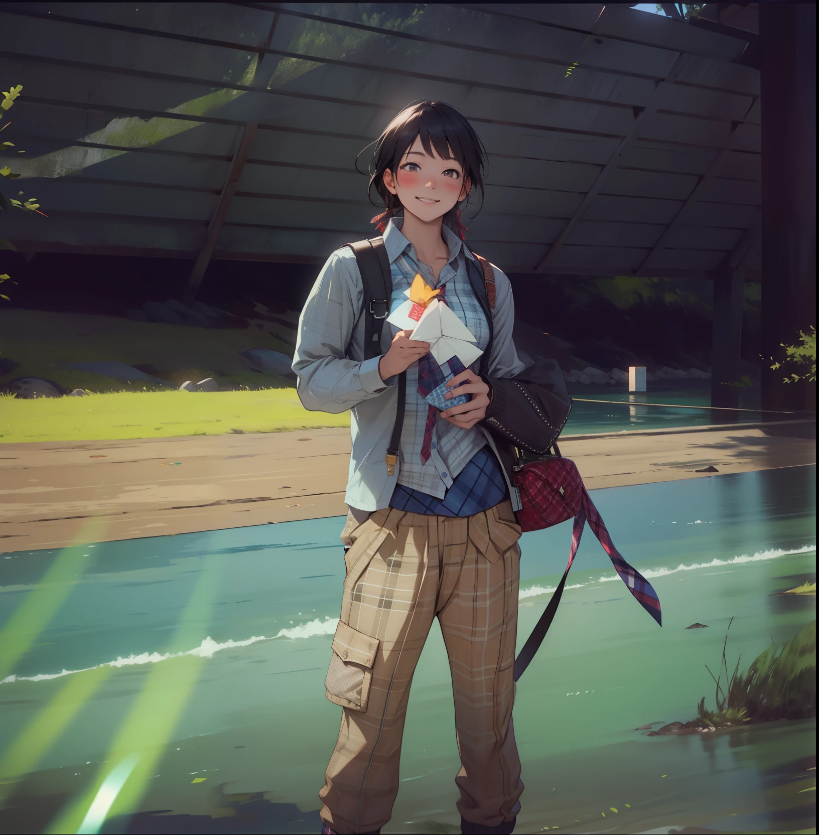 masterpiece, high quality best quality,1girl, bangs, beach, blue_sky, blush, bow, breasts, checkered, checkered_shirt, checkered_skirt, cloud, cloudy_sky, collarbone, day, envelope, giving, grass, hair_bow, heart, holding, holding_letter, horizon, incoming_gift, kazami_yuuka, leaning_forward, lens_flare, letter, light_rays, long_hair, looking_at_viewer, love_letter, mountain, mountainous_horizon, ocean, outdoors, plaid, plaid_background, plaid_bikini, plaid_bow, plaid_bowtie, plaid_bra, plaid_dress, plaid_headwear, plaid_jacket, plaid_legwear, plaid_necktie, plaid_neckwear, plaid_panties, plaid_pants, plaid_ribbon, plaid_scarf, plaid_shirt, plaid_skirt, plaid_vest, pov, shirt, skirt, sky, smile, solo, sun, sunbeam, sunlight, tree, unmoving_pattern
