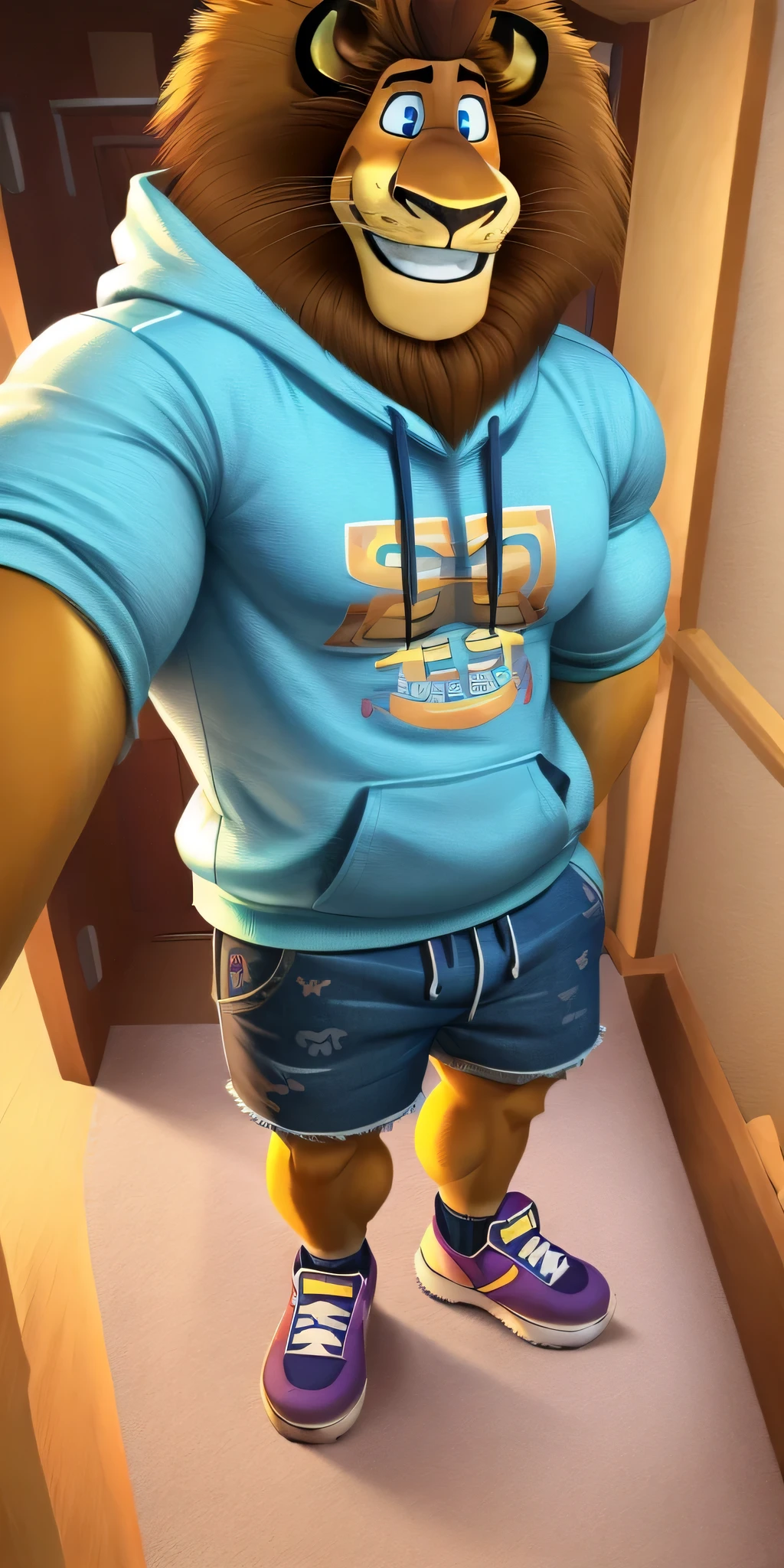 Alex the Lion, muscular body, big biceps, extremely beautiful and cute face, perfectly detailed blue eyes with perfectly detailed pupils, wears cyan sweatshirt with print, denim cargo shorts, purple sneakers, rises on funicular, selfie, gentle look, cute smile