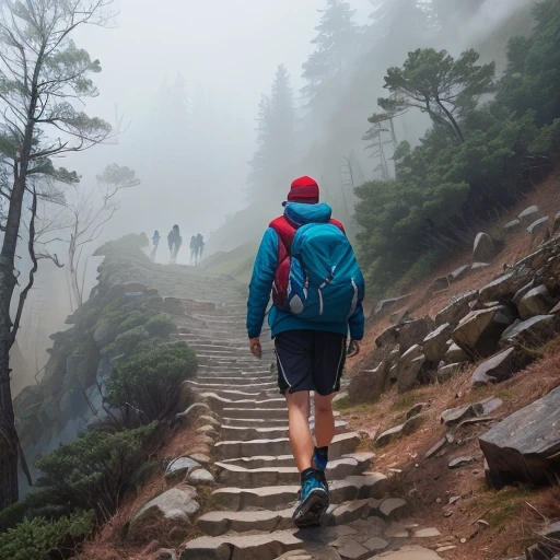 arafed man walking up a steep path in the mountains, time to climb the mountain path, walking above the clouds and fog, small steps leading down, a wanderer on a mountain, 400 steps, solo hiking in mountains trees, motivational, hiking clothes, red cap, stairway to heaven, going up the stairs, trekking in a forest, emerging from the mist, scenery