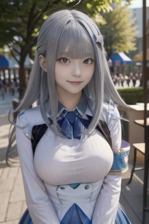 Girl with long hair, bangs, Gray Hair, Blue inner hair:1.25) , Purple eyes, View your viewers, blush, A small smile, Long sleeve, Armband, Frilled Skirt, White jacket, White shirt, Blue Skirt, Outdoor, Are standing, amusement park, dizzy, Center of chest, Daytime atmosphere, hair ornaments, Medium chest, Upper Body, concentrated, Blurred Background,Big Breasts