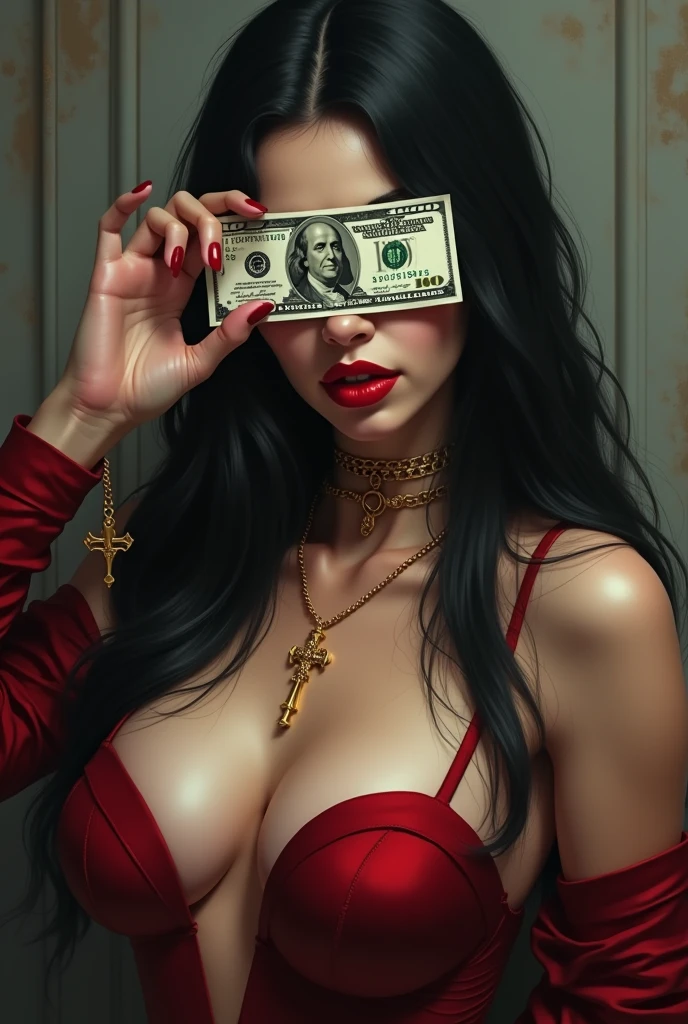 Very beautiful woman with red lips and black hair and big boobs, with a golden rosary, covering his eyes with a 100 dollar bill 