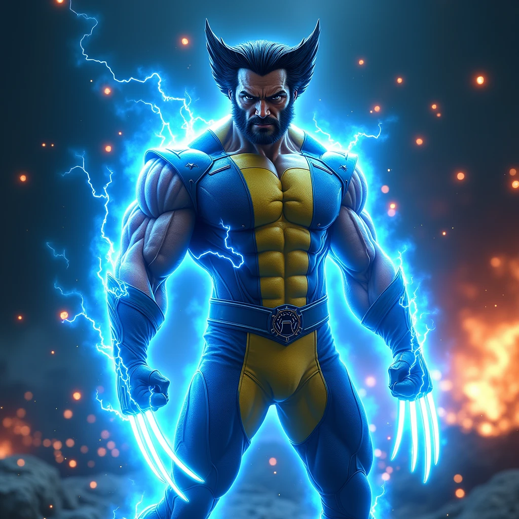 (Fusion of blue flame and blue lightning into Wolverine:1.4), (Wolverine standing with a fierce expression:1.4), (his iconic yellow and blue costume crackling with blue lightning:1.4), (blue flames wrapping around his body:1.3), (dynamic pose with intense energy:1.4), (bright, glowing blue accents on his costume:1.3), (highly detailed muscles and facial features:1.4), (electric blue aura surrounding him:1.3), (background filled with sparks and flames:1.4), (dark and gritty atmosphere:1.3), (sharp contrasts to highlight the blue energy:1.4), (Wolverine's signature intensity captured perfectly:1.3), (iconic yellow and blue suit emphasized:1.4)