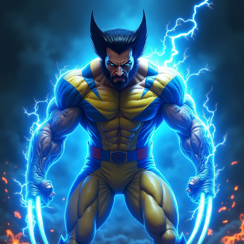 (Fusion of blue flame and blue lightning into Wolverine:1.4), (Wolverine standing with a fierce expression:1.4), (his iconic yellow and blue costume crackling with blue lightning:1.4), (blue flames wrapping around his body:1.3), (dynamic pose with intense energy:1.4), (bright, glowing blue accents on his costume:1.3), (highly detailed muscles and facial features:1.4), (electric blue aura surrounding him:1.3), (background filled with sparks and flames:1.4), (dark and gritty atmosphere:1.3), (sharp contrasts to highlight the blue energy:1.4), (Wolverine's signature intensity captured perfectly:1.3), (iconic yellow and blue suit emphasized:1.4)