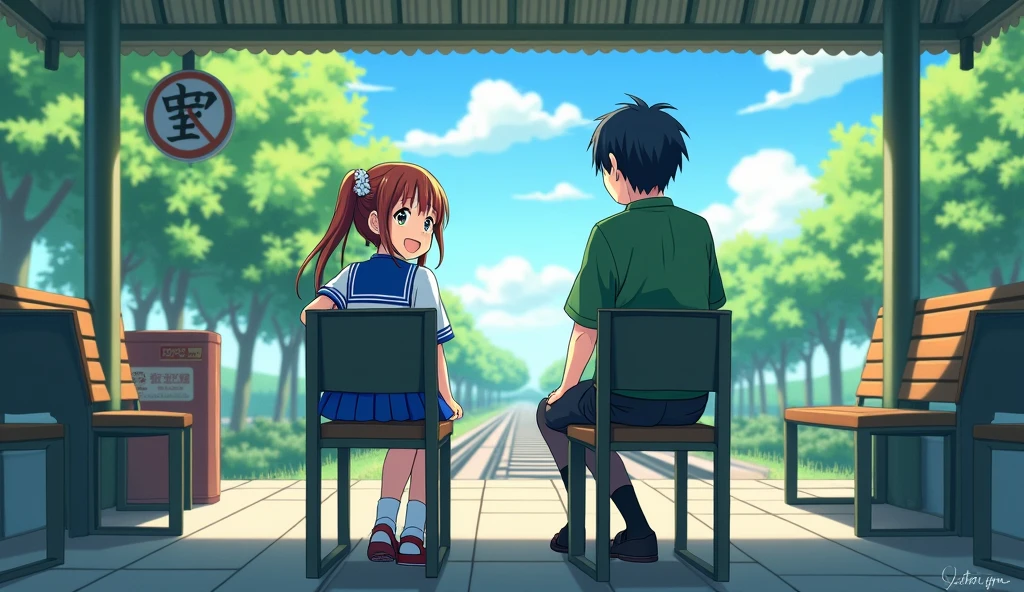 A girl in a blue color school dress is sitting on one of the chairs in a train station and a boy in a green color school dress is sitting a little further away and both are smiling. Both girl and boy will be 16 ki habi full anime anime ki will have back view nature and girl and boy will be looking forward