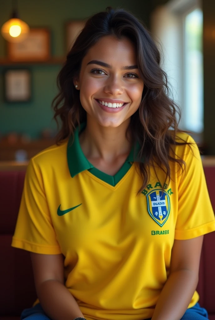 femme Latina de 22 ans avec des grosse lèvre gros seins et le maillot de foot du brésil avec des trait du visage tres realiste et faut pas voir que c est une ia assis et moins maquiller avec quelques default pour etre plus realiste. happy smile attractive