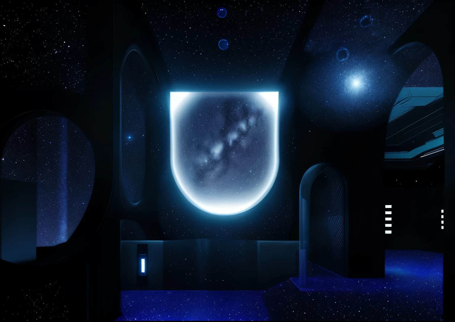 minimalistic style, futuristic details, space with stars on background