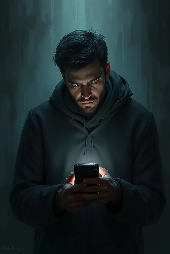 A man with a cold expression, looking at a cell phone, waiting for a call or message. Around him, shadows that symbolize his jealousy and indifference."