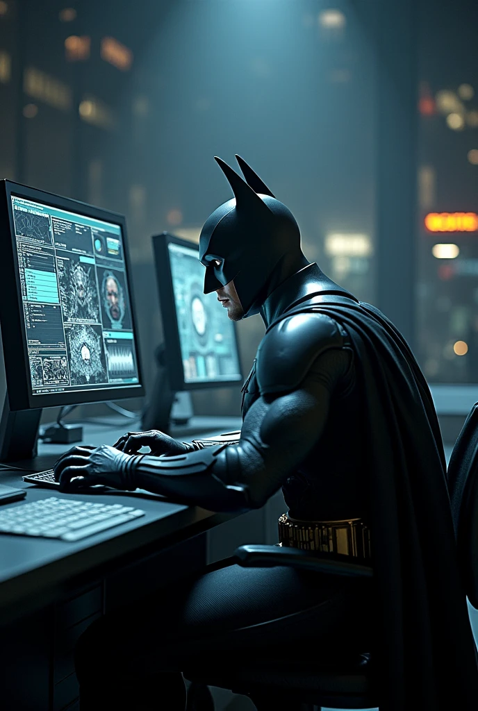 "Imagine Batman in an extremely realistic manner, using his Batcomputer to analyze artificial intelligence. The image should be a majestic and artistically detailed representation, with a strong play of shadows and light. The environment should be dark and atmospheric, with a photographic style and strong black tones."