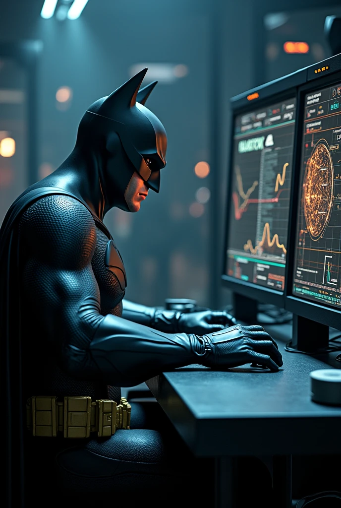 "Imagine Batman in an extremely realistic manner, using his Batcomputer to analyze artificial intelligence. The image should be a majestic and artistically detailed representation, with a strong play of shadows and light. The environment should be dark and atmospheric, with a photographic style and strong black tones."