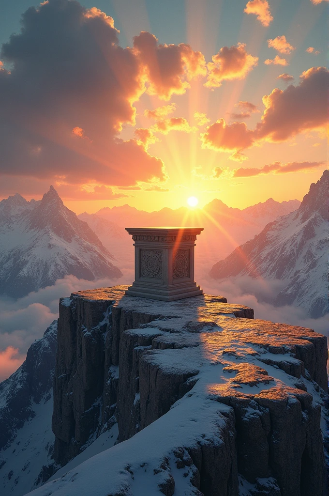 Peter's Altar on the Mountaintop, wide image, clear and bright sky at dawn, rays of sunlight