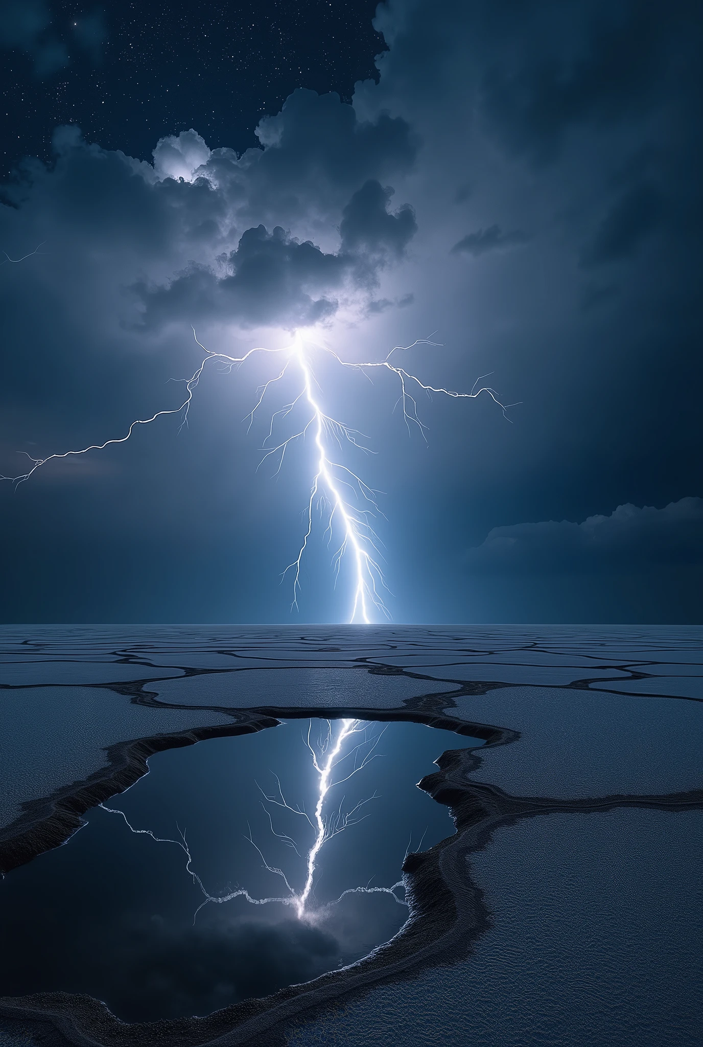 lightning and thunder ((masterpiece, highest quality, Highest image quality, High resolution, photorealistic, Raw photo, 8K)), ((Extremely detailed CG unified 8k wallpaper)), The starry sky reflected in the Uyuni Salt Flats,