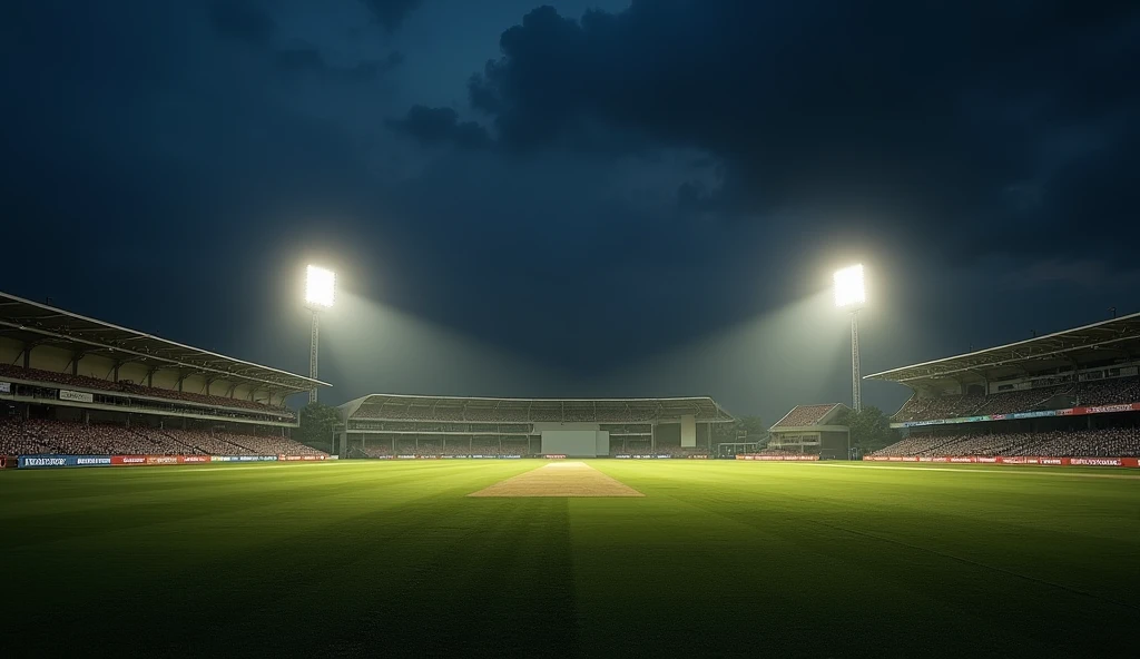 Cricket stadium  in evening time night time lights realistic 