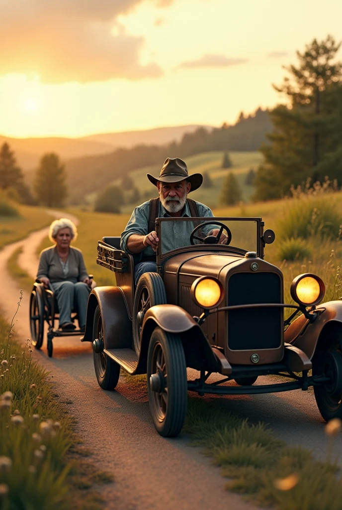 Country man driving his old car and in the trailer was a wheelchair with a woman being pulled by the car going to the countryside.