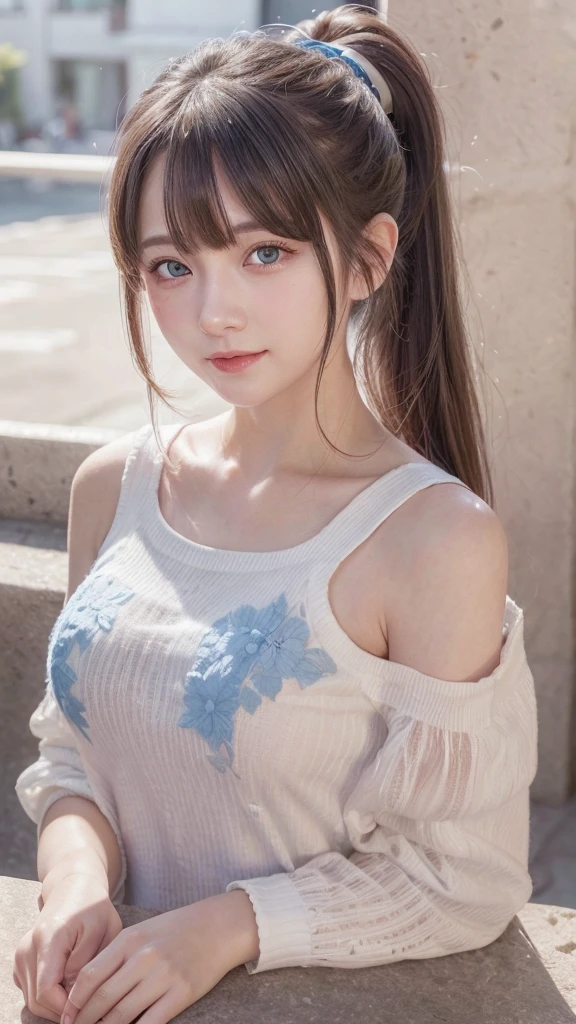 1girl, , High Resolution, Breasts, Smile, Blue eyes, Bangs, Looking at viewer, Best Quality, Happy, Close-Up, Realism, Depth Of Field, Bokeh, Headphones, Cutel, Masterpiece, Long Hair, Ponytail, Hime Cut, Black Hair, Folded Ponytail,