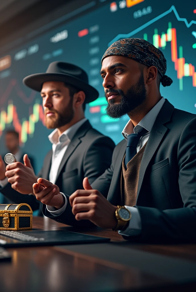 Créer une image pour le trading. Il est censé y avoir deux  hommes sur la photo de race blanche et noire . L&#39;un porte une casquette et costar  . Devrait-il porter une magnifique pièce d&#39;argent. Dans la main gauche, il devrait regarder son téléphone portable. Sur l&#39;image, vous devriez voir un trésor en arrière-plan sur le graphique, il devrait y avoir des bougies rouges et vertes et derrière lui, il devrait y avoir +1500 $ rester,  il devrait avoir un bandana où tu peux&#39;je ne le vois pas, le gars devrait avoir l&#39;air agressif