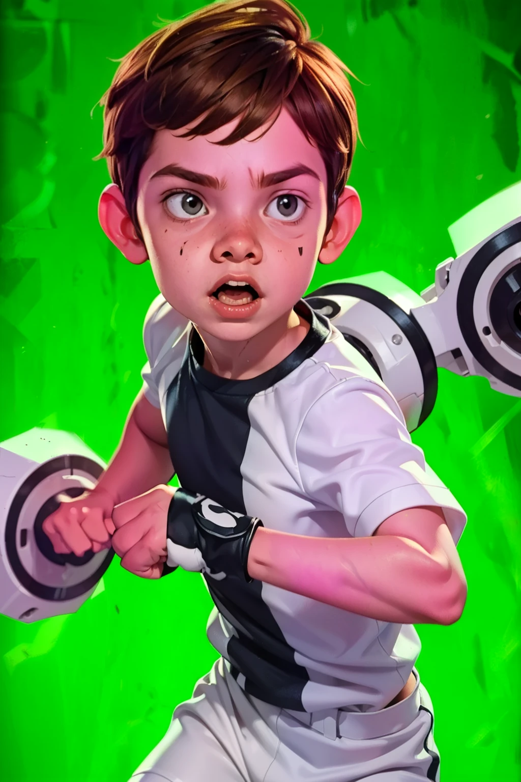 Movie poster, Ben 10 (((A child, ))), ((wearing a white outfit with black stripe in the center, showing fist. Machine on arm. Action facial expression )) . highy detailed, face detailed, realisitic, cinematic lighting, studio quality, proffesional, face detailed, intrikate, bright coloured. ((abstract background)).