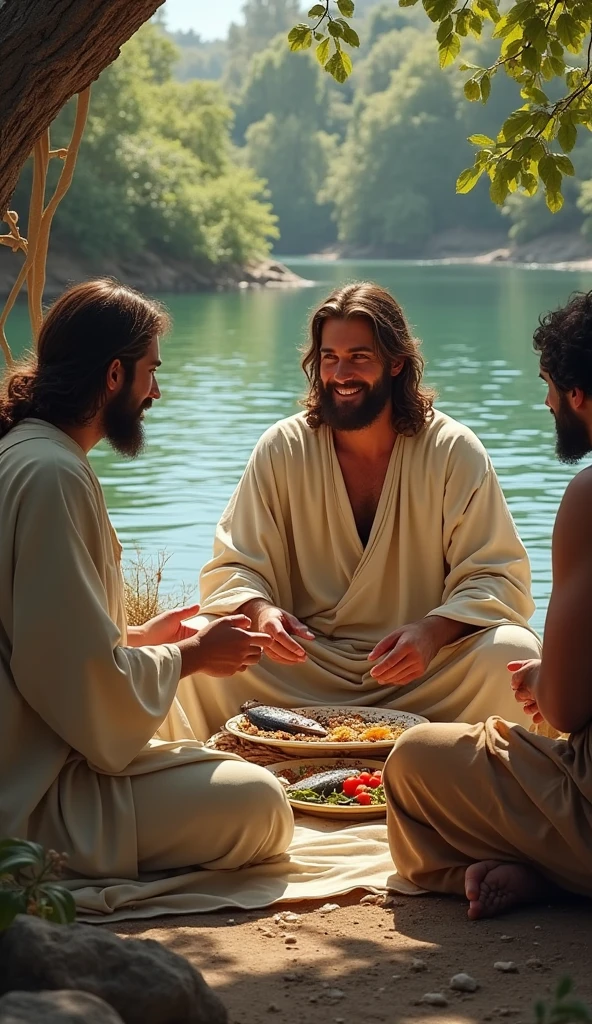 Jesus smiling and eating grilled fish with two friends on the riverbank