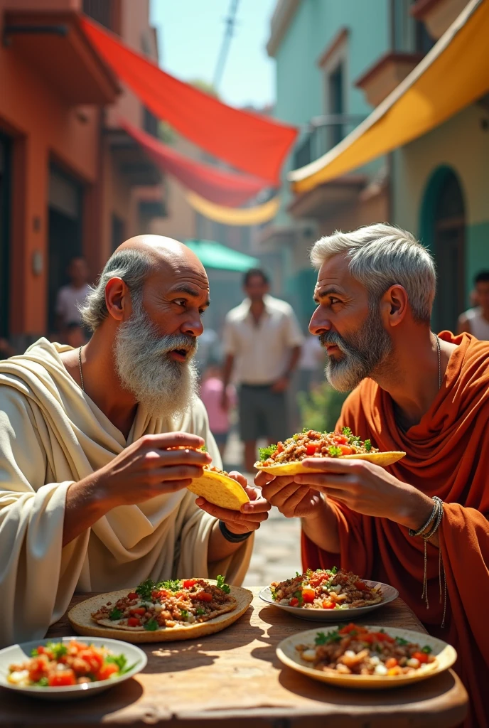 Socrates and Plato eating Mexican tacos