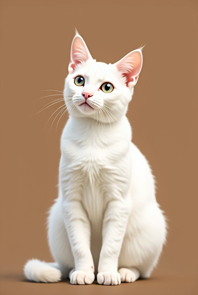 a beautiful white cat, she has short fur, sitting facing forward, isolated on a brown background