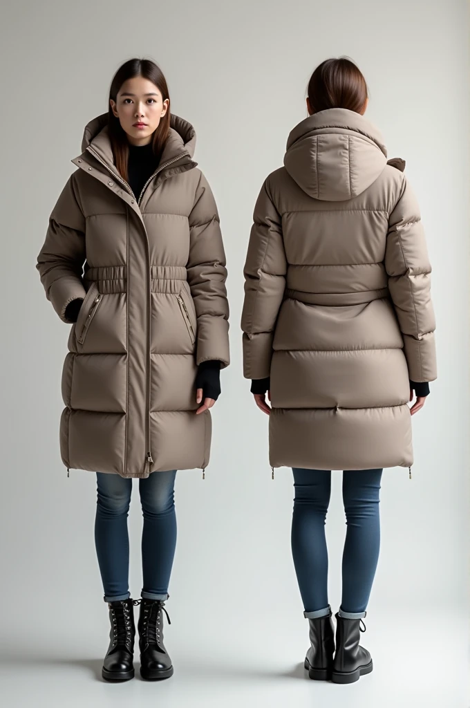 The women's Long Down Jacket Mockup - Front View and back view