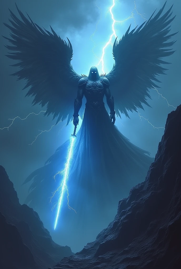 Dark faceless war angel with blue glowing eyes with lightning sword descending on dark mountain with majestic pose in 9x16 size


