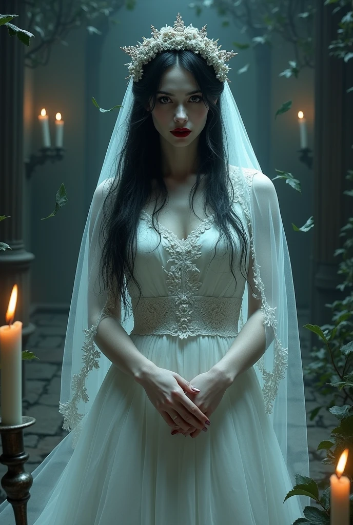 cold and stormy night , bride with beautiful white veil dress and wreath with beautiful eyes and red mouth, long black hair, hand buckle , dark image ,  , Climate of terror , candle light , bridal gown , horror film  , 3d drawing terror luzes de velas, noise , flying leaves realistic drawing , 3d drawing , 