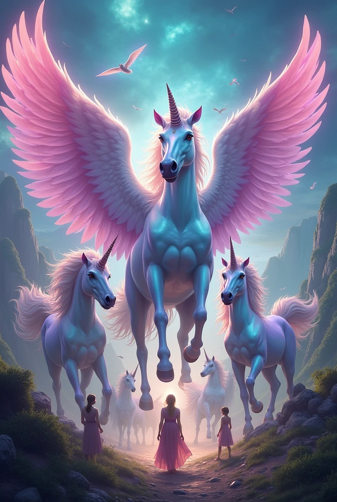 Create a group of winged unicorns in a very colorful landscape. casting a spell on humans. Returning his slaves