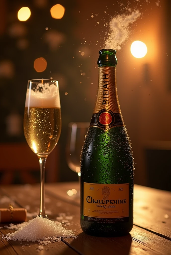 an iphone photo of a bottle of champagne, opened on the tabble