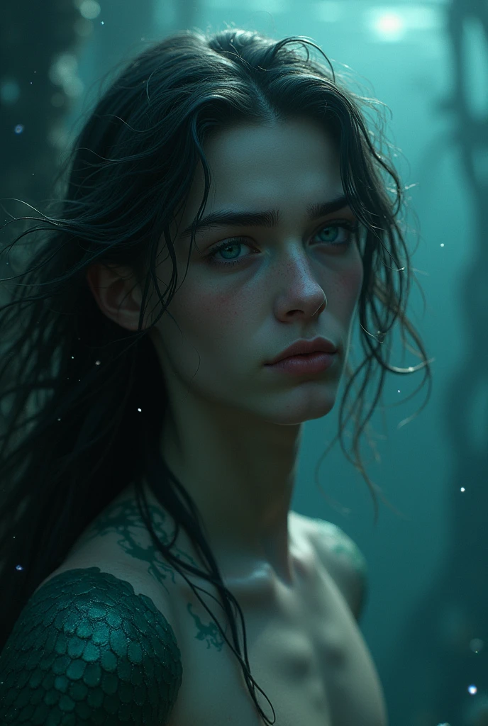 Male mermaid with long hair, handsome without beard, sad expression, scaly face, young