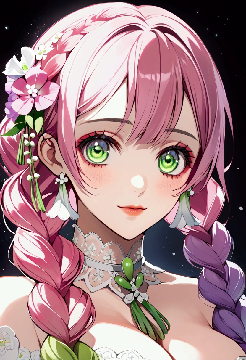 Convert your flower art into illustration.、Create backgrounds with vibrant colors and unique touches　The type of flower is statice、Gypsophila、sweet pea、Mix in some lace flowers, portrait, face portrait, big breasts, cleavage, pink hair, green eyes, (green highlights), green braids,
