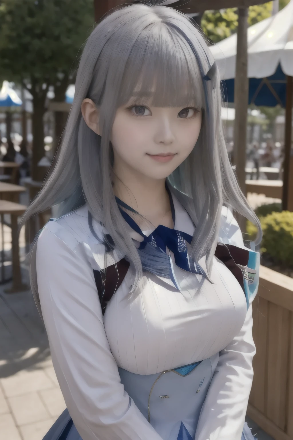 Girl with long hair, bangs, Gray Hair, Blue inner hair:1.25) , Purple eyes, View your viewers, blush, A small smile, Long sleeve, Armband, Frilled Skirt, White jacket, White shirt, Blue Skirt, Outdoor, Are standing, amusement park, dizzy, Center of chest, Daytime atmosphere, hair ornaments, Medium chest, Upper Body, concentrated, Blurred Background,Big Breasts
