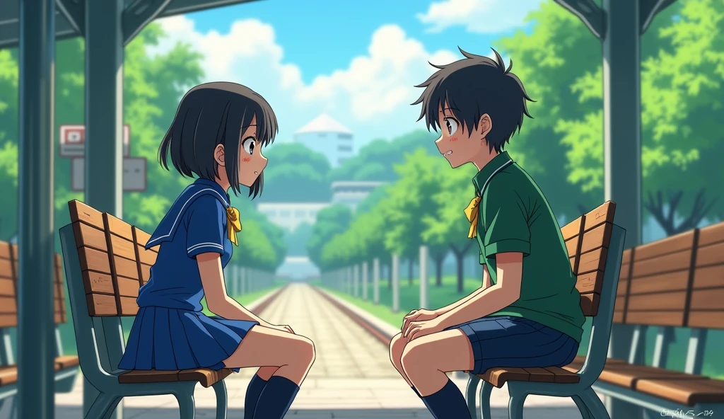 A girl in a blue color school dress is sitting on one of the chairs in a train station and a boy in a green color school dress is sitting a little further away and both are smiling. Both girl and boy will be 16 ki habi full anime anime ki will have back view nature and girl and boy will be looking forward