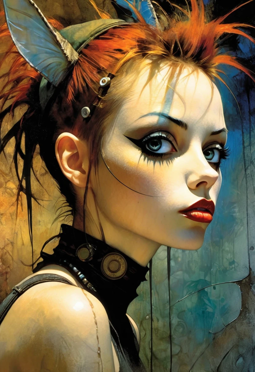 tank girl, brown hair , (best quality, 4k, 8k, high resolution, masterpiece: 1.2), ultra-detailed, (realistic, photorealistic, photorealistic: 1.37), details intricate, vivid colors, sharp focus, professional, Dave McKean artwork, surrealism oil touch, oil painting style, portrait, woman, beautiful detailed eyes, beautiful detailed lips, dreamy atmosphere, shadow play, lighting soft, fun pose, dark tones, ethereal background, fantasy elements, texture, layered composition.art inspired by Bill Sienkiewicz and Dave McKean