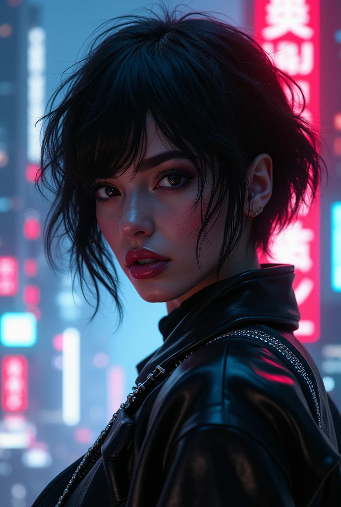 cyberpunk girl, short hairs, curvy figure, downblouse and cleavage, sweaty body, beautiful detailed eyes, beautiful detailed lips, extremely detailed eyes and face, long eyelashes, intricate futuristic cyberpunk cityscape, neon lights, cinematic lighting, dramatic shadows, high contrast, vibrant colors, photorealistic, 8k, best quality, masterpiece