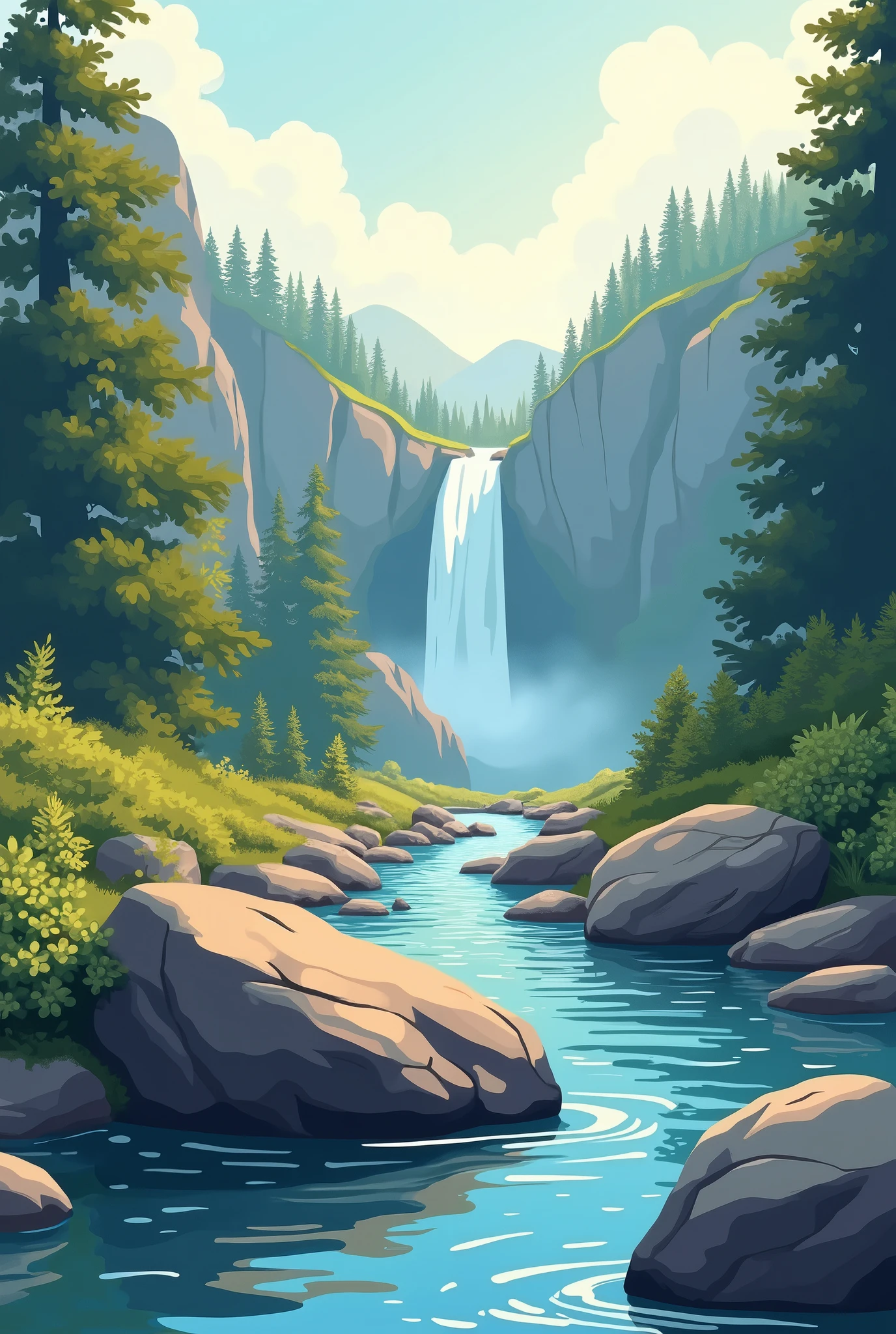 the stone beside of the stream. The morning sun is shining. The water falls is staying on the mountain a little bit far. A vector image for illustration.