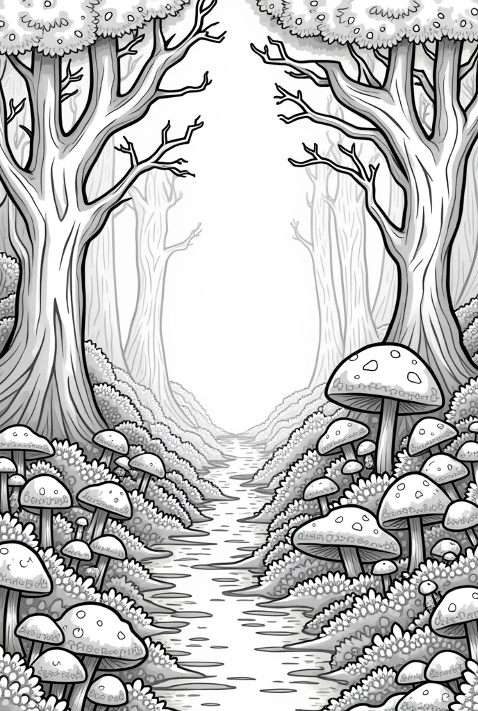 Create a coloring page of a fairytale enchanted forest to color in with large white areas and strong black lines