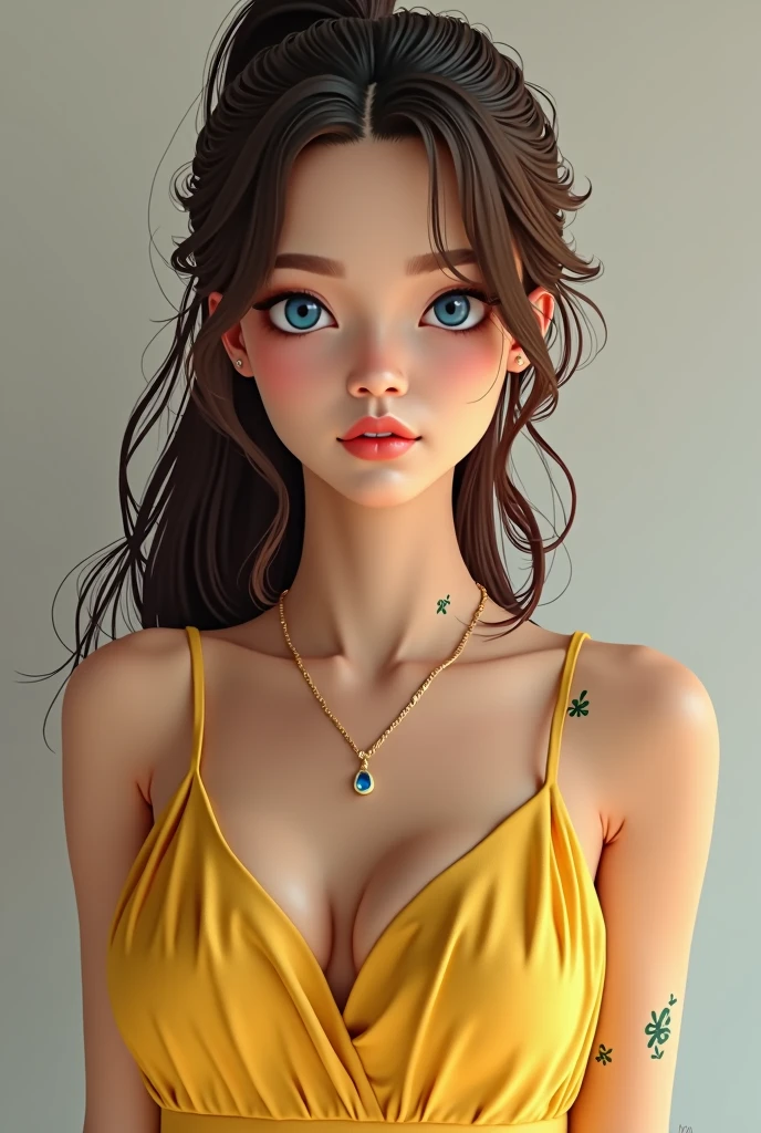 Create realistically, a brunette, blue eyes, yellow dress, with big breasts, slim, long hair and ponytail