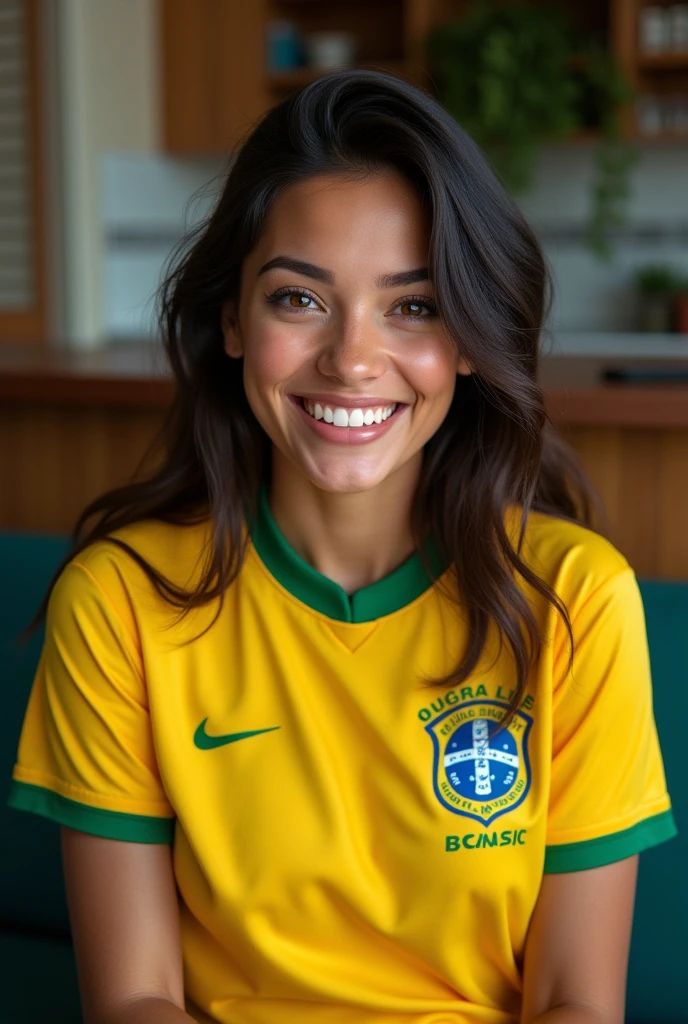 femme Latina de 22 ans avec des grosse lèvre gros seins et le maillot de foot du brésil avec des trait du visage tres realiste et faut pas voir que c est une ia assis et moins maquiller avec quelques default pour etre plus realiste. happy smile attractive