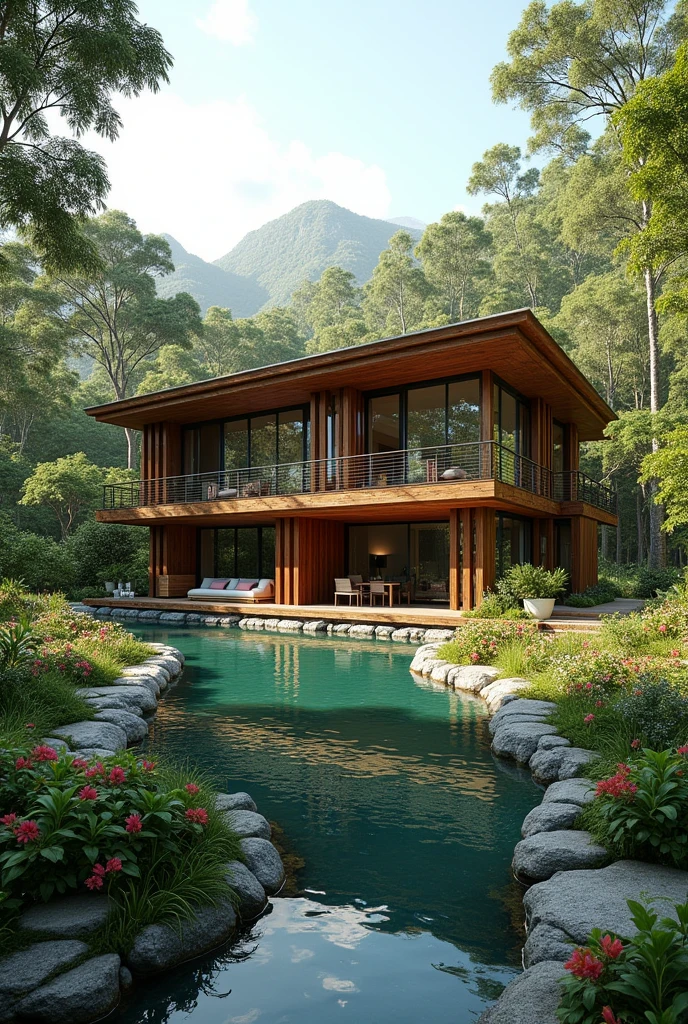 create an architectural project for a modern rustic style farmhouse with Atlantic Forest landscaping and an artificial lake on a 20x50 meter plot that is cozy and has many gardens