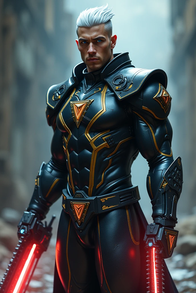 A powerful man, half human, half ninja centurion, with blue eyes, dressed in a black latex jumpsuit with gold lines on the sides and at chest level, the symbol of the druids in a pyramidal shape.,  muscled body, The hair is a bob style shaved on the right side and silver in color, He carries in his hands powerful futuristic weapons that emit very bright red and blue flashes when fired..