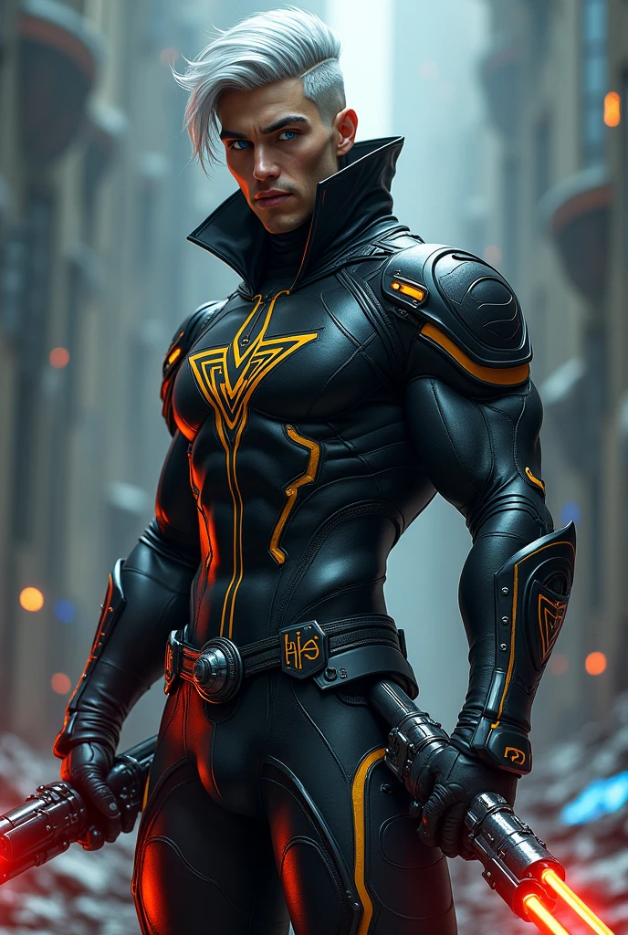 A powerful man, half human, half ninja centurion, with blue eyes, dressed in a black latex jumpsuit with gold lines on the sides and at chest level, the symbol of the druids in a pyramidal shape., muscled body, The hair is a bob style shaved on the right side and silver in color, He carries in his hands powerful futuristic weapons that emit very bright red and blue flashes when fired..