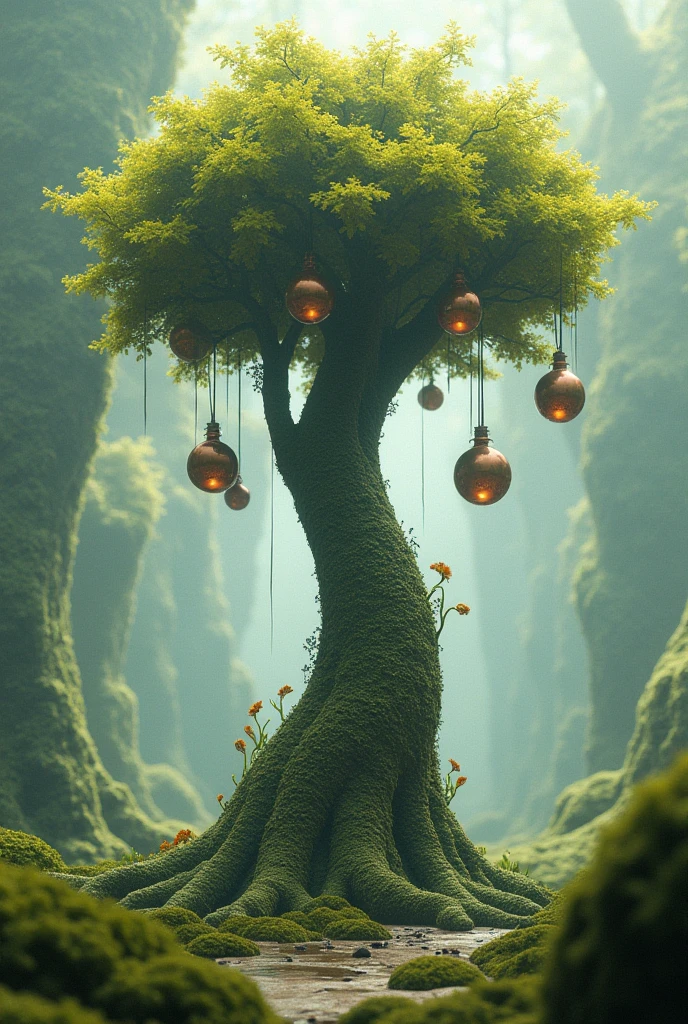 a perfume bottle shaped tree with helmet shaped fruits