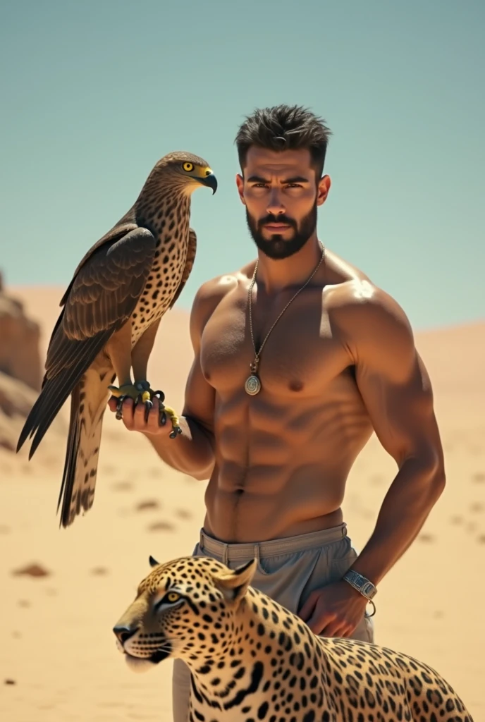 A handsome slim shirtless white skinned man in the desert with a falcon and two leopards