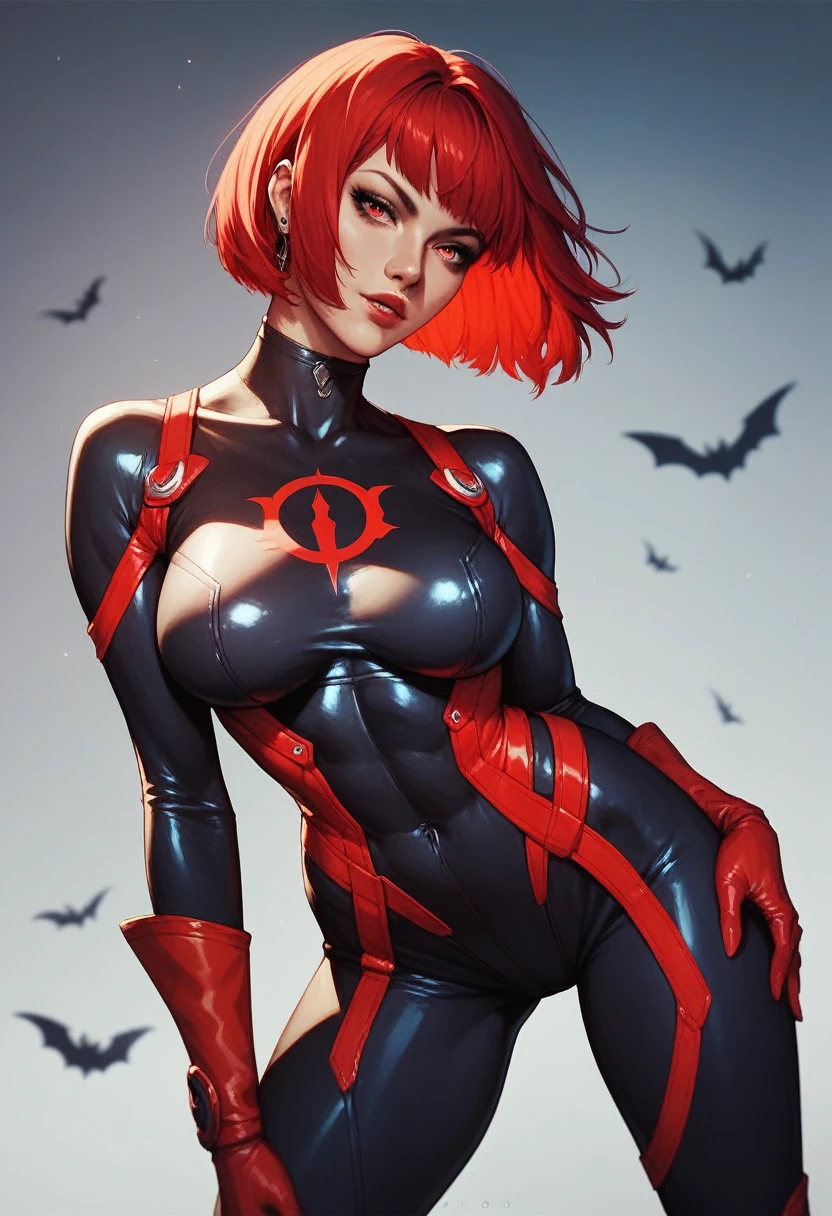 1girl, red hair, seamless bob cut, bodysuit, black and red scheme, bat symbol