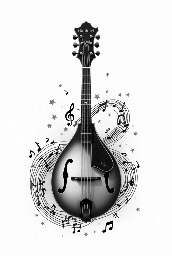 Black and white drawing of a normal mandolin with many musical notes around it and the name Gabriel