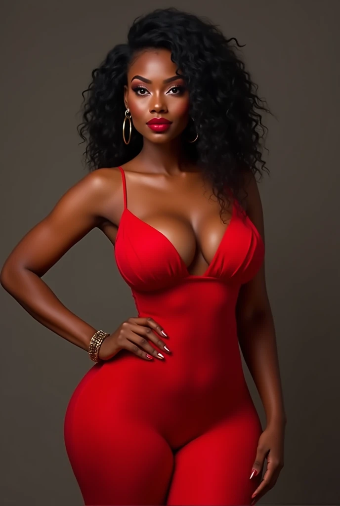 "A beautiful young African woman with flawless dark skin, standing confidently. She has a curvy, slightly fuller figure, with noticeable breasts. She is dressed in a sexy, form-fitting red outfit that accentuates her curves, with red lipstick that complements her look. Her expression is serious but with a subtle, playful smile. Her hair is styled elegantly, and she exudes a sense of grace and strength in her posture. The background is minimal, ensuring that all the attention is on her beauty and presence."